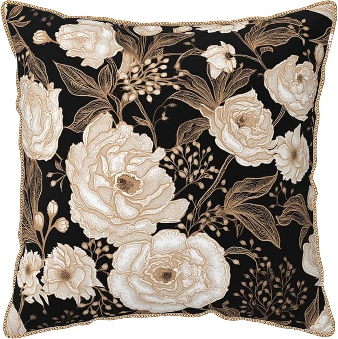 Vintage Peonies Roses Flower Velvet Pillow Covers 18x18 Inch Gold White Aesthetic Floral Leaves Throw Pillows For Couch Cushion Covers Pillowcase Farmhouse Pillow Cases for Sofa Bed Living Room