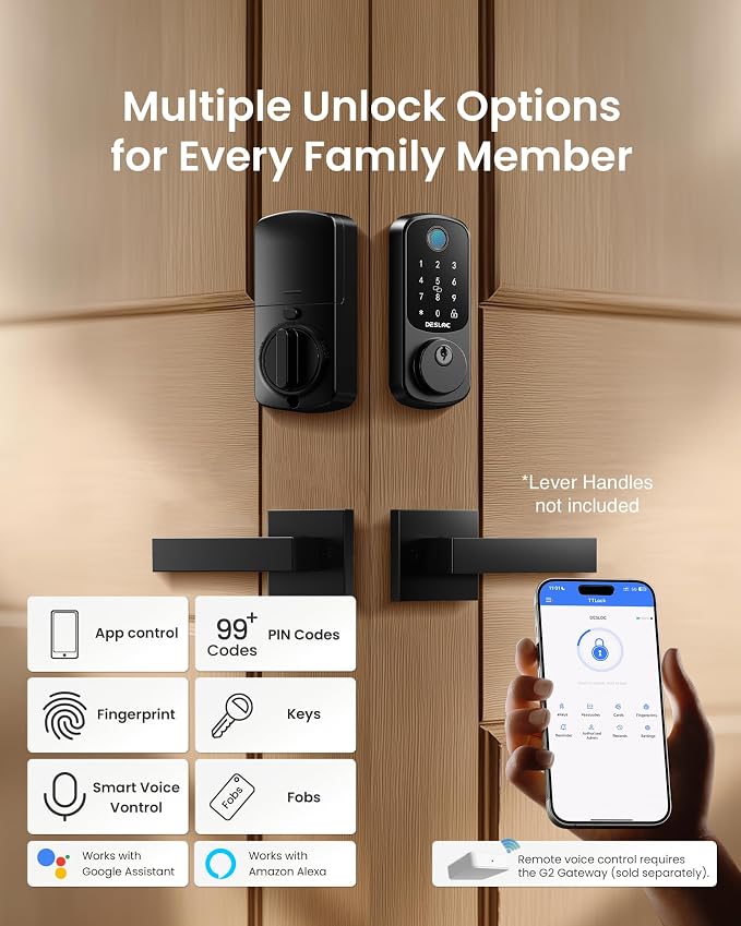 DESLOC B200 Fingerprint Smart Door Lock with App Control, Keyless Entry Deadbolt for Front Door, Auto Lock, Touchscreen Keypad, 8 Unlock Methods, USB-C Backup Power, 12-Month Battery, BHMA Grade3
