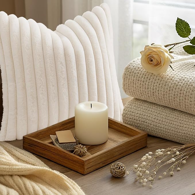 decorUhome Fall Faux Fur Throw Pillow Covers 20x20 Set of 2 Cream White | Decorative Soft Cozy Striped Plush Modern Farmhouse Boho Couch Pillow Cases Velvet Back for Sofa Bed Living Room Home Decor
