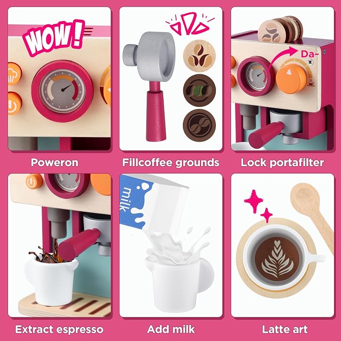 GAGAKU Wooden Coffee Machine Toy for Toddlers, Montessori Learning Toys for 3 4 5 Year Old Girls & Boys, Realistic Pretend Play Kitchen Accessories with Espresso Maker & Latte Art Set