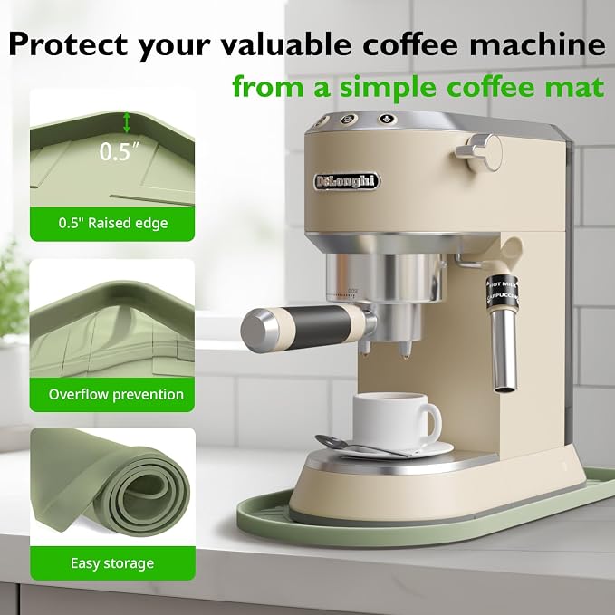 Silicone Coffee Mat,15.8"x 9.8"in Bar Mat for Countertop,Heat-Resistant,Non-Slip,Leak-Proof,Fit for Coffee Maker/Espresso Machine-Green