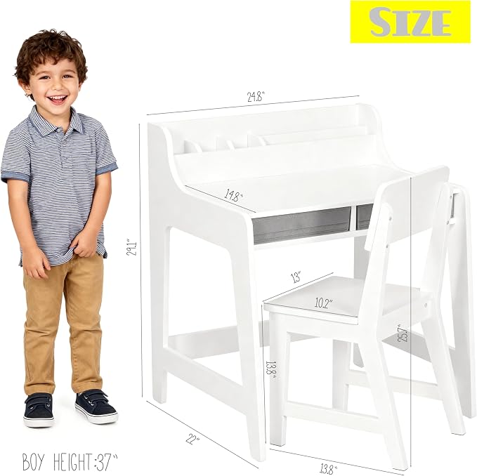 UTEX Wooden Kids Desk and Chair Set with 2 Fabrics Drawers for Study Room | Kids Study Desk with Stand-up Organizer, Water-based Paint, Student Writing Desk for Bedroom