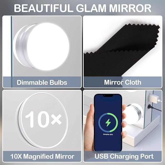 Vanity Mirror with Lights, 15 Dimmable LED Bulbs Large Hollyhood Makeup Mirror, Light up Mirror with 10X Magnification and USB Charging Port, Smart Touch 3 Colors, Metal Frame
