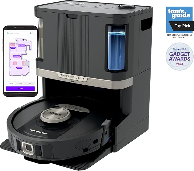 Shark PowerDetect NeverTouch Pro Robot Vacuum & Mop, Black,RV2820ZE | 5 PowerDetect Technologies, NeverStuck, NeverTouch Pro Base (Self-Empty 60-Day, Refill, Pad Wash/Dry), 360° LiDAR + 3D Sensor