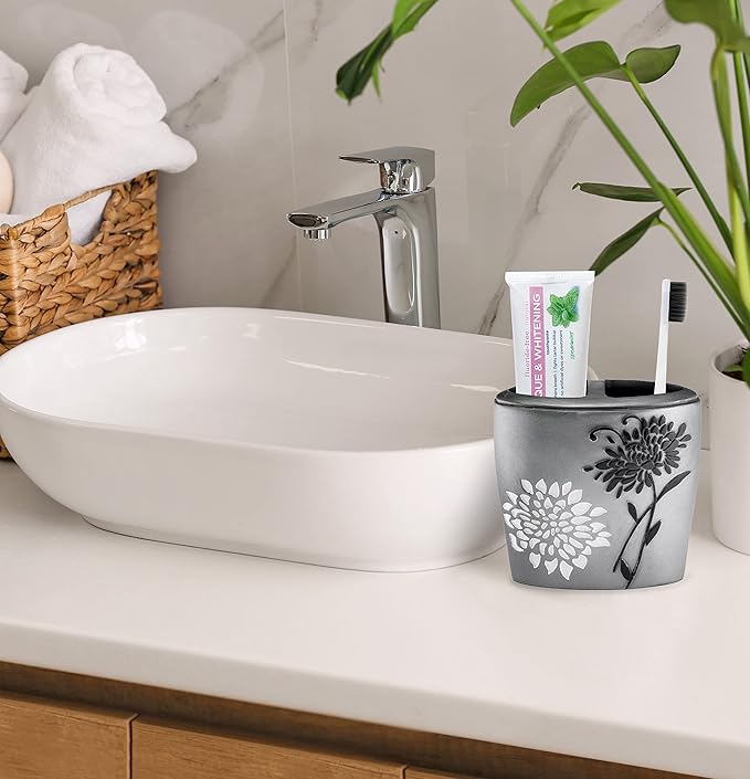 Zahari Home 4pc Erica Bathroom Accessories Sets Modern Classic Soap Dispenser, Tumbler, Tooth Brush Holder and Soap Dish Holder Unique Design Grey Bathroom Set