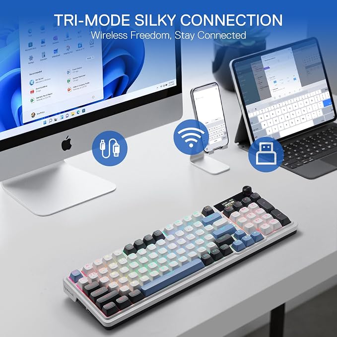 Redragon K719 PRO Wireless 95-Key Gasket Gaming Keyboard, TFT Screen & Knob | Easy-Control LED Info Display, 0-Delay Tri-Mode, Cushioned 5-Layer Noise Dampening for Creamy Thocky Sound, Practical 95 keys