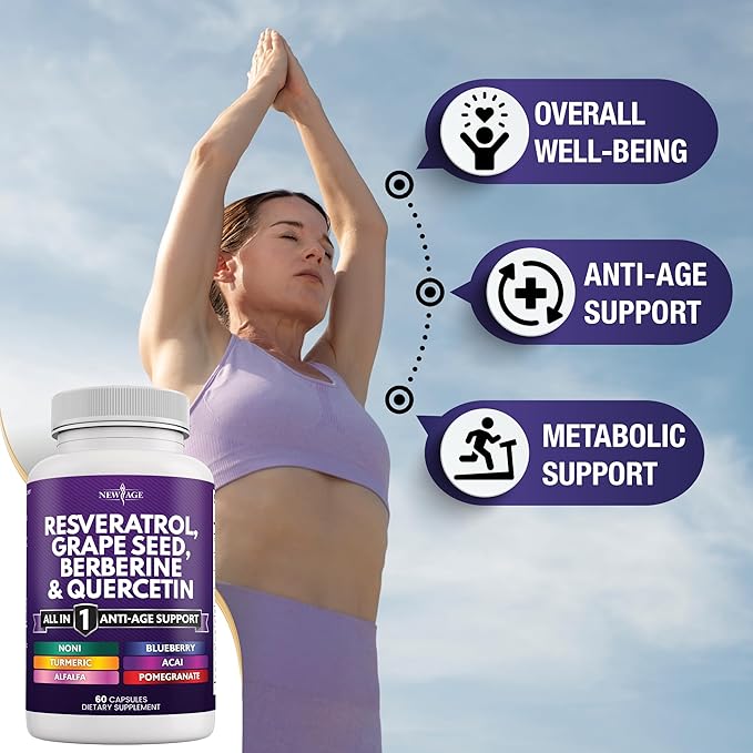 NEW AGE Resveratrol, Berberine, Grape Seed Extract, Quercetin - Polyphenol Supplement for Women and Men with Noni Extract, N-Acetyl Cysteine, Acai Extract - 60 Capsules