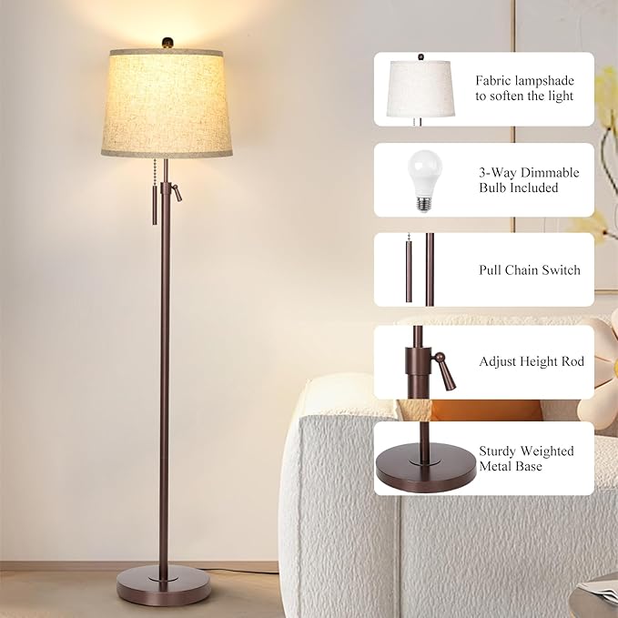 Modern Floor Lamp Adjustable Height Standing Lamp Tall Lamp with 3 Color Temperatures Floor Lamps for Living Room Bedroom Office Beige Shade Bulb Included-Brown