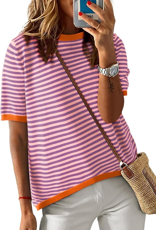 Dokotoo Womens Tops 2026 Casual Summer Crewneck Short Sleeve Striped Color Block Knit High Low Trendy Pullover Sweaters