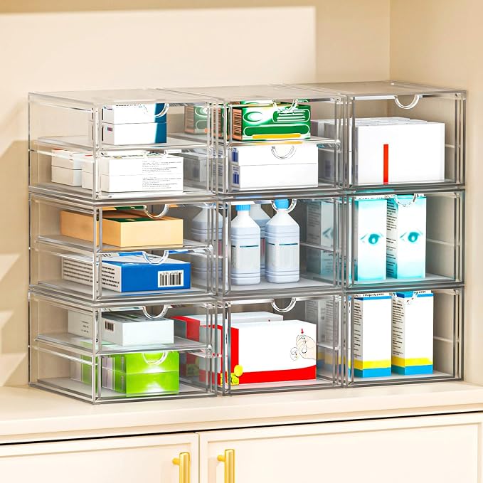 caktraie 4-Pack 4-Drawer Acrylic Storage Organizer for Desk, Crafts,Vanity | Smooth-glide drawers, clear body, dustproof, wipe clean, for paintbrushes, beads, sequins, googly eyes, embroidery floss