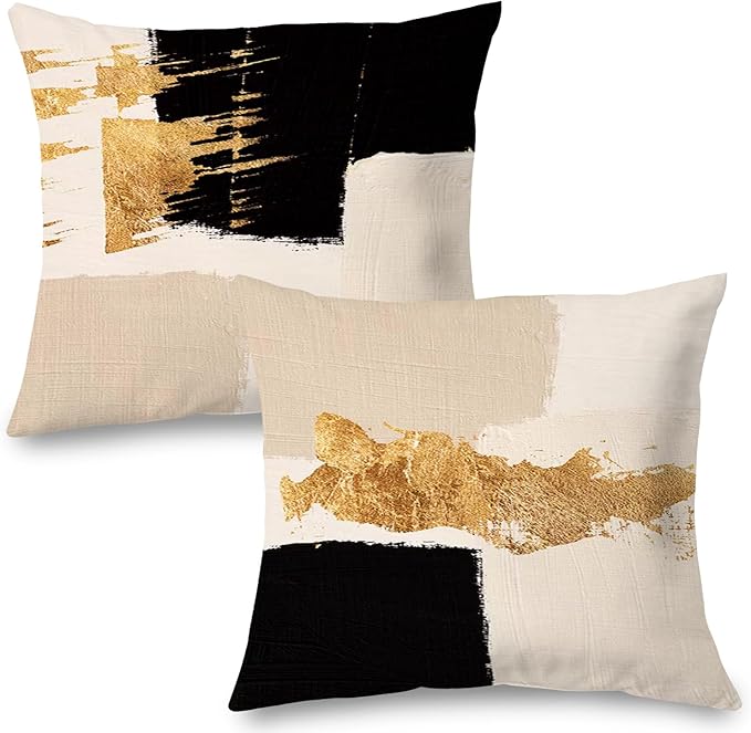 Black Beige and Gold Abstract Pillow Covers 20x20 Double-Sided, Mid Century Modern Decorative Throw Pillow Covers for Living Room Bedroom, Modern Home Decor, Black and Gold Decor, Set of 2