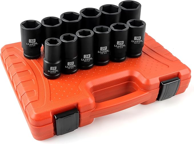 3/4 Inch Drive Socket Set, 12Pcs Impact Deep/Jumbo Sockets, Metric 21mm to 38mm, 6-Point CR-MO Heavy-Duty Big Socket Set for Large Vehicle & Equipment Maintenance