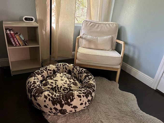 Organic Cotton Canvas Dog Bed: Removable Cover, Natural Fill - Made in USA (Cow Print Brown White, Small 24" x 7" inches)