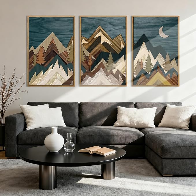 BINCUE Extra Large Mountain Wall Art Set of 3 Moon Froest Wall Decor Nature Landscape Art Print for Living Room Bedroom Office 24x36 Inches