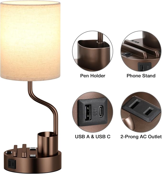 Fenmzee Bedside Lamps for Bedroom Set of 2 - Table Desk Lamp for Nightstand | 15" Table Lamp for Living Room with Pen Holder & Phone Stand, USB A+C Port, AC Outlet, 3 Color Temperature, LED Bulb Included