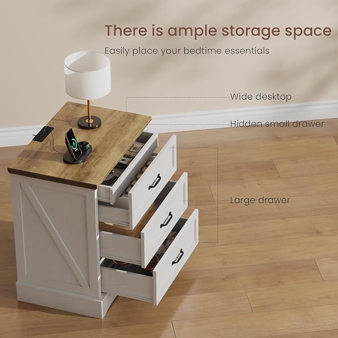 NightStand Set of 2 with Charging Station, Farmhouse 23.6" W Bedside Table with 4 Drawers, Night Stand for Bedroom, Home Office, White & Brown