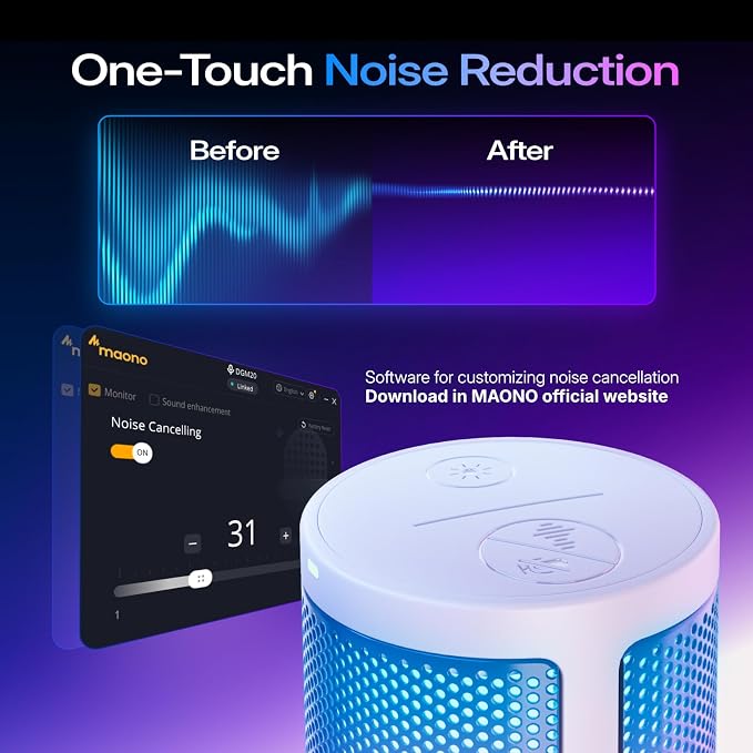 MAONO DGM20S USB Microphone for PC with Clear Voice & Noise Reduction | RGB Lighting, Tap-to-Mute, Gain Control, Monitoring and Boom Arm for Discord Gaming, Streaming, Content Creation.White
