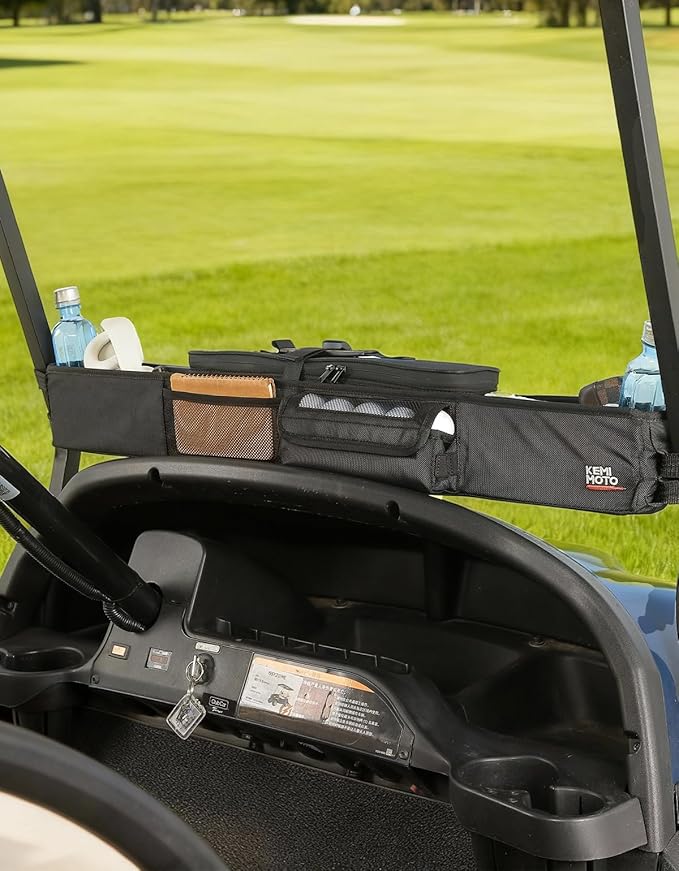 KEMIMOTO Golf Cart Storage Bag, Front Storage Basket with Insulated, Foldable Golf Cart Organizer Bag, Compatible with EZGO Club Car Precedent, Tempo, Onward, Drive2, No Drilling, Black