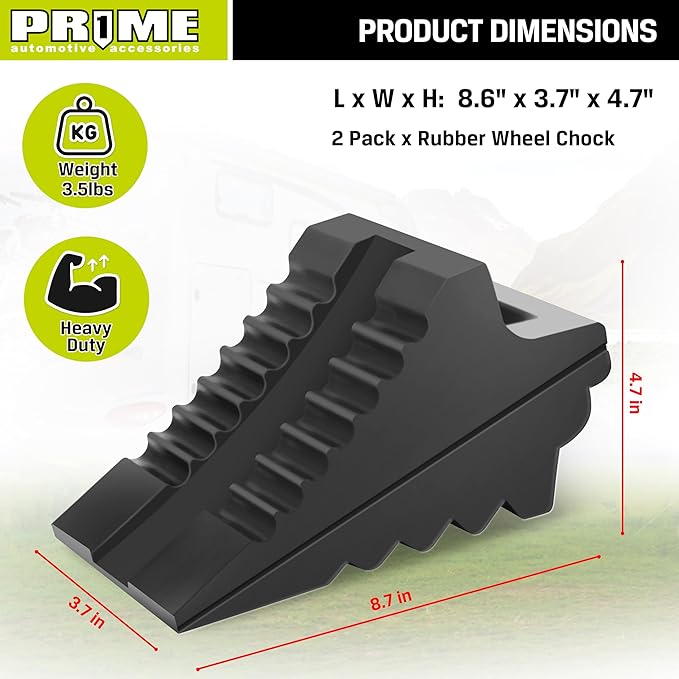 Prime 1 PR1ME Heavy Duty Rubber Wheel Chocks, Rubber Tire Blocks, RV Solid Rubber Wheel Wedge Blocks, 2 Pack Black 8.6" x 3.7" x 4.7", Carrying Handle, for Travel Trailer, Camper, RV, Truck