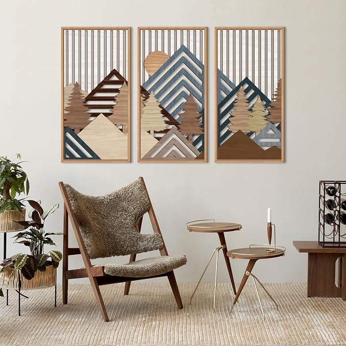 IARTTOP Large Mountain Wood Wall Art 16"x32"x3 Abstract Forest Wall Sculpture Geometric Boho Sunset Wilderness Artwork for Bedroom Living Room Office