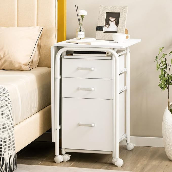 Folding Computer Desk with 6 Wheels, 41.5" Modern Steel Collapsible Home Office Desk with 3 Storage Drawers, Portable Writing Laptop Desk for Bedroom, Study, Small Space, Home Office, White