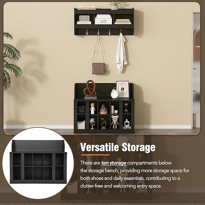 Shoe Storage Bench with Shelves and 4 Hooks, Entryway Hall Tree with Shoe Cabinets with Coat Rack