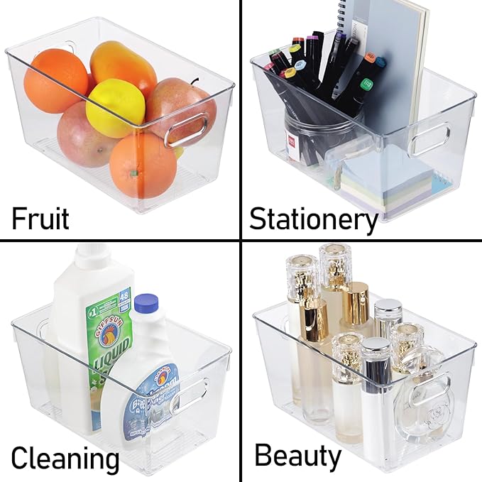 ZEXALOR 6pcs Plastic Storage Bin 2-Size Clear Storage Containers for Kitchen Pantry Organization and Storage Bins, Organizing Bins with Built in Handles, Cabinet Organizers, Clear