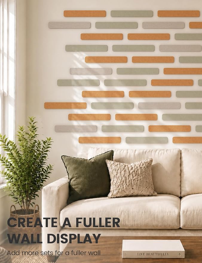 Fluxynara 13" x 2" Felt Wall Panels, Sunset Yellow | 5-Pack Cork Board Alternative with 35 Push Pins, Adhesive Mounting for Bedroom Door or Home Office