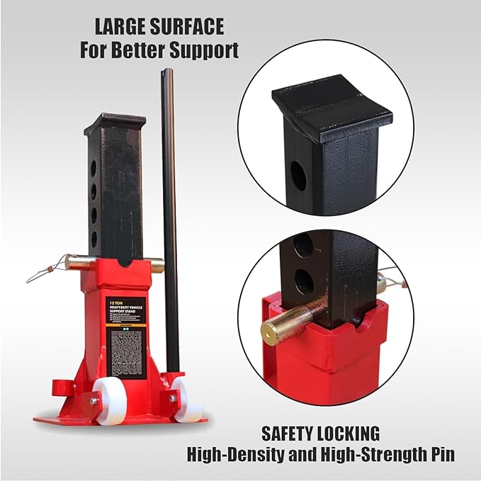 Big RED Torin 12 Ton Heavy Duty Jack Stands: Pin Style Jack Stand with 2 Casters and Handle, Easily Portable Car Stand for Cars, SUVs, Truck and Pick Ups - Red