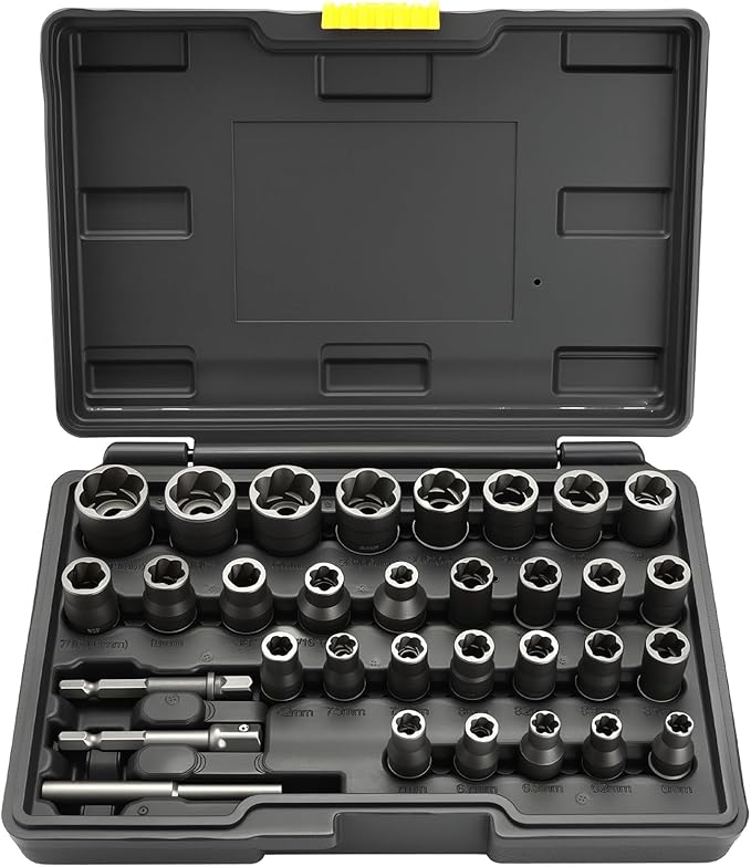 Eapele Bolt Extractor Set, Stripped Nut Remover Twist Sockets, Fit 3/8" Square Drive with Solid Storage Case (32pcs, Black)