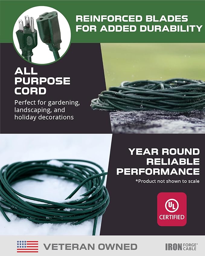 Iron Forge Cable Weatherproof 75 Ft Outdoor Extension Cord - 16/3 SJTW Heavy Duty Green Extension Cord 3 Prong - 10 Amp Exterior Power Cable