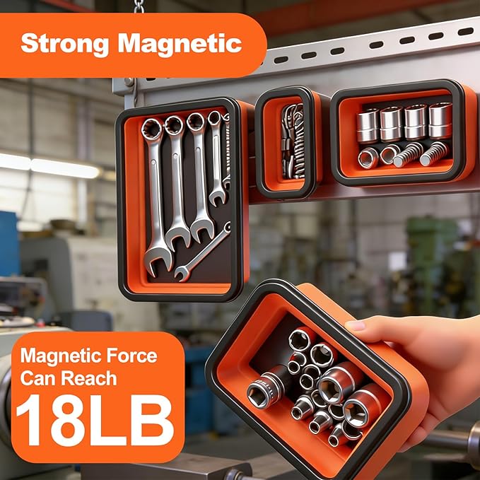 Collapsible Magnetic Parts Tray Set with Extra Strong Magnet Up to 18LB, 3 Different Size Silicone Foldable Tool for Organizing Screw Bolts Nuts Washers Pins and Other Small Metal Parts - Orange