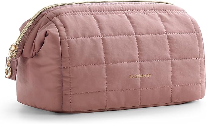 BAGSMART Makeup Bag Travel Toiletry Bag, Wide-open Zipper Pouch, Dark Pink | Puffy Padded, Travel Essentials, Make Up Bag, For Women, Makeup Organizer, Toiletries Accessories Brushes