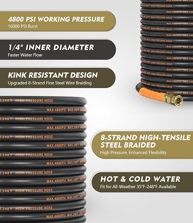 Pressure Washer Gun and Hose Kit, 4800PSI Flexible & Kink-Resistant - Steel Braided & Durable High Power Washer Hose 50 FT with 3/8" Swivel Quick Connector and M22 14mm Adapters & 5 Nozzles