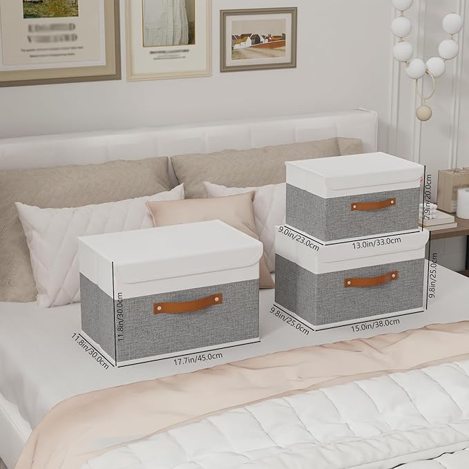 Yawinhe Storage Boxes with Lids, Linen Fabric Bin, Cube Organizer Basket, Washable and Leather Handle, for Home, Closet, White/Grey, 15.0''Lx9.8''Wx9.8''H, 3-Pack, USNK024WGL-3