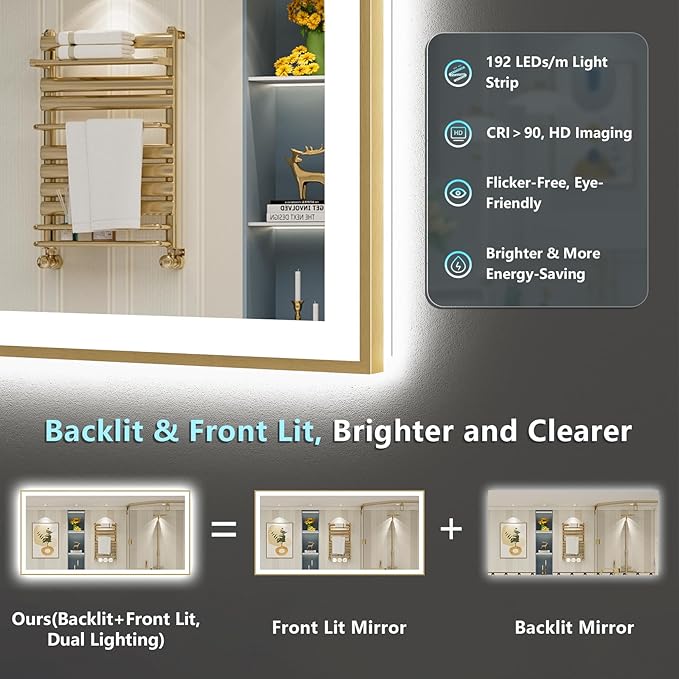 84x32 Gold LED Bathroom Mirror with Lights, Brushed Gold Framed Backlit and Front Lit Anti-Fog Lighted Vanity Mirrors for Bathroom Wall, Dimmable, 3 Colors, Memory, HD Tempered Glass, CRI＞90
