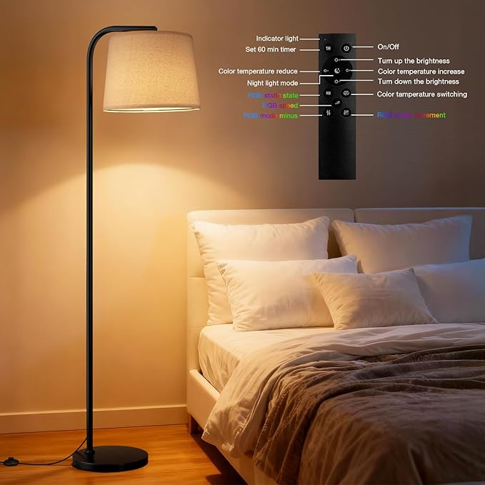 Ambimall RGB Floor Lamp - Remote Control, 8 Colors and 3000K-6500K Color Temperature, Fully Dimmable, Standing Lamp for Living Room with Rotating Head, Tall Lamp for Bedroom (RGB-Black and Beige)