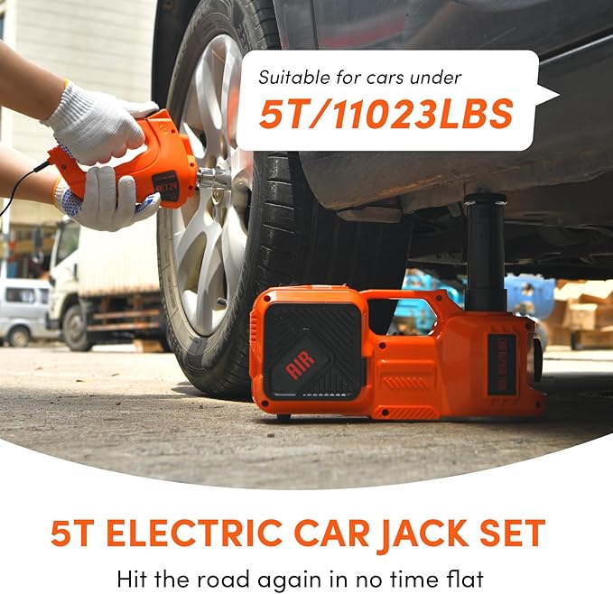 Electric Car Jack Kit 5 Ton 12V Floor Jack Portable Hydraulic Car Jack with Impact Wrench and Tire Inflator Pump for SUV Sedans Tire Change with LED Light, Lifting Height 6 to 17.7 Inch