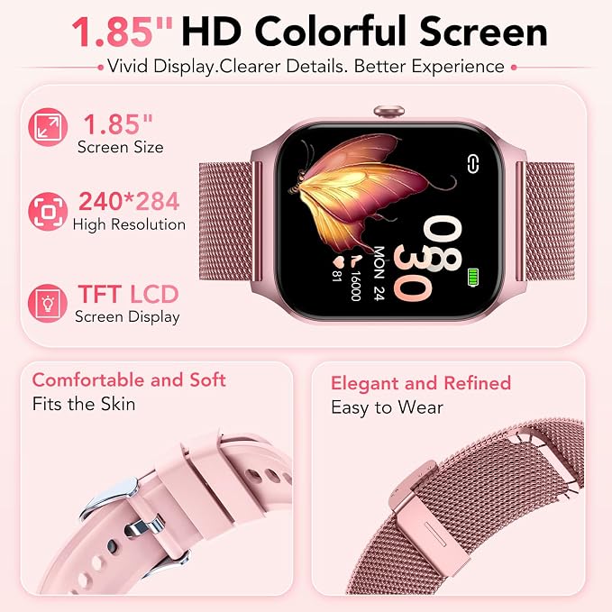Smart Watch for Women, Answer/Make Call/AI Voice,1.85" HD Smartwatch for iPhone/Samsung/Android, 120+ Sport Modes Fitness Tracker with Heart Rate/Sleep Monitor,IP68 Waterproof (2 Bands)