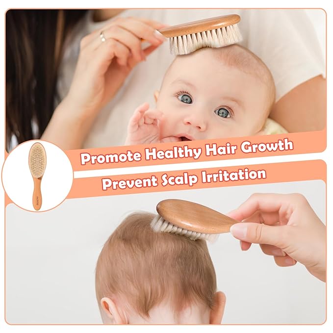 Baby Hair Bush and Comb Set,Baby Hair Brush with Soft Goat Bristle and Wood Comb Set,Wooden Baby Brush Set for Newborns & Toddlers,Good for Cradle Cap Brush