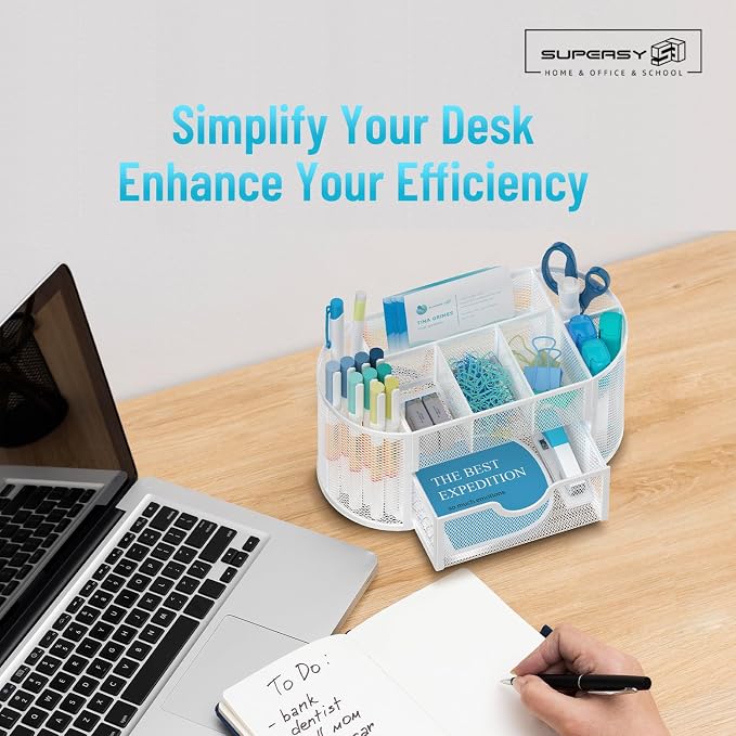 Mesh Desk Organizer with Drawer, 9-Compartment Pen Holder for Desk, White | Pull-Out Drawer Stores Pens, Pencils, Clips, Notes, and Small Office or School Supplies in One Compact Desk Caddy