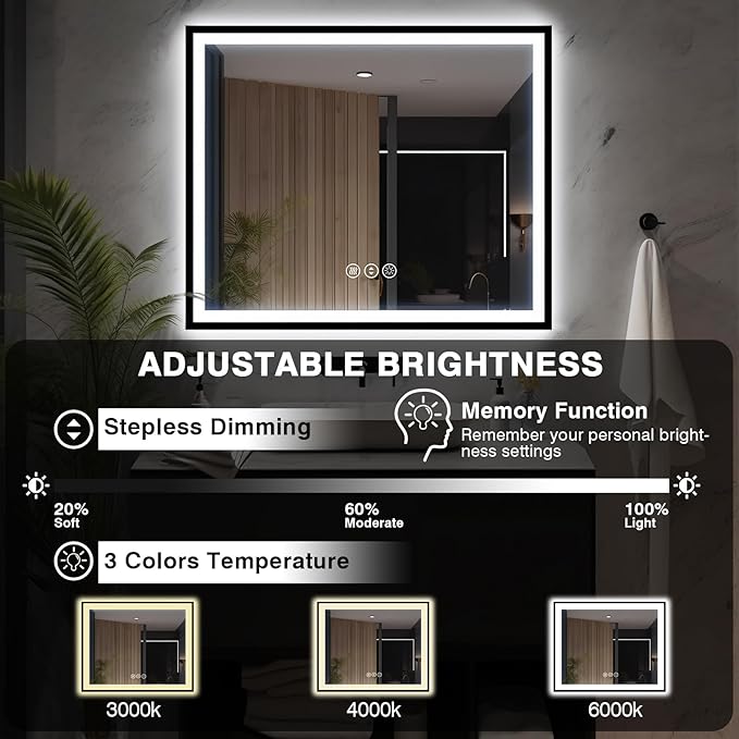 48x40 LED Lighted Bathroom Mirror - Black Aluminum Framed (Front and Backlit), Anti-Fog Bathroom Mirror with Lights,Stepless Dimmable LED Mirror,3 Colors Smart Mirror(Horizontal/Vertical)