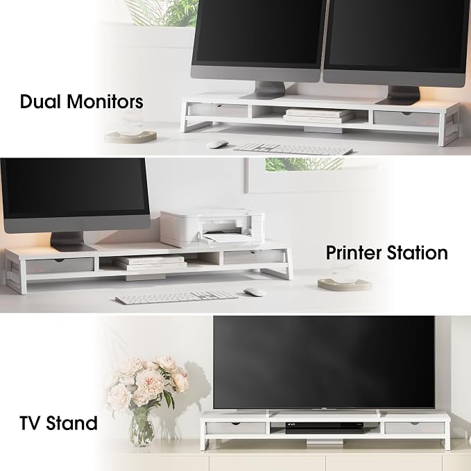Fenge Dual Monitor Stand, Monitor Riser with Drawer, 42.5 Inch Large Computer Monitor Stand for 2 Monitors, 2 Tier Wooden Desk Shelf for Top of Desk