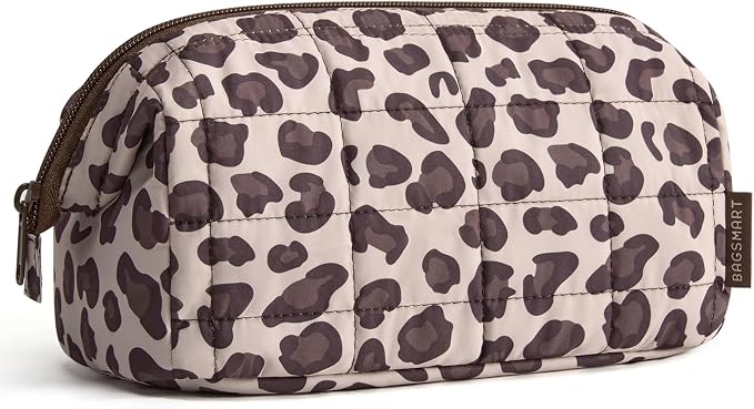 BAGSMART Makeup Bag Travel Toiletry Bag, Wide-open Zipper Pouch, Leopard | Puffy Padded, Travel Essentials, Make Up Bag, For Women, Makeup Organizer, Toiletries Accessories Brushes
