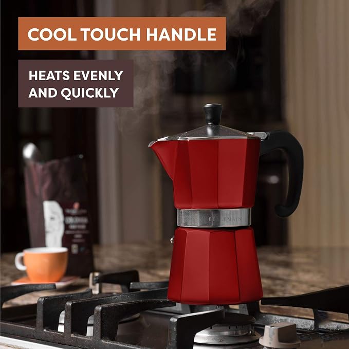 Bellemain Stovetop Espresso Maker, Italian Moka Pot, 3-Cup Red | Classic aluminum design brews rich espresso at home or camping, with an easy-to-use and easy-to-clean design.