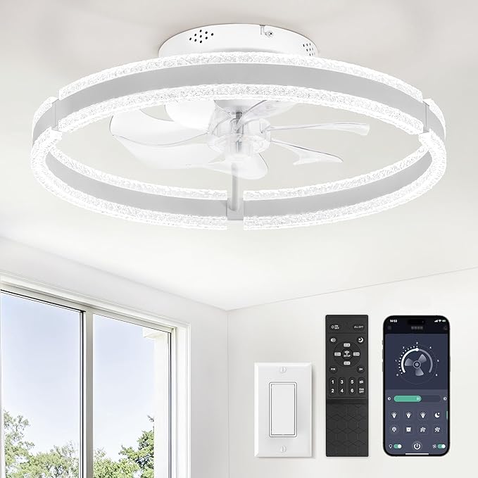 LEDIARY Ceiling Fans with Lights and Remote, 20'' Low Profile Ceiling Fan with Light, 3000-6000K Dimmable Fandelier Ceiling Fans, Modern Flush Mount Fan Light for Bedroom with 6 Wind Speeds- White