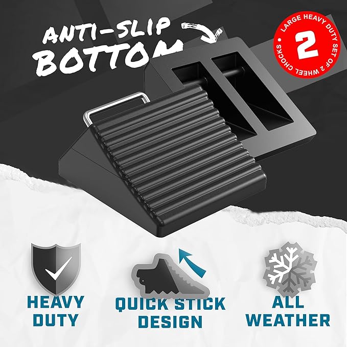 Wheel Chocks for Cars, RVs, Trucks, Trailers, and Vehicles G.V.W. up to 6T, 2 Pack - Anti Slip Bottom Tire Chock for All Weather Use - RV, Travel Trailer, Pop Up Camper Accessory
