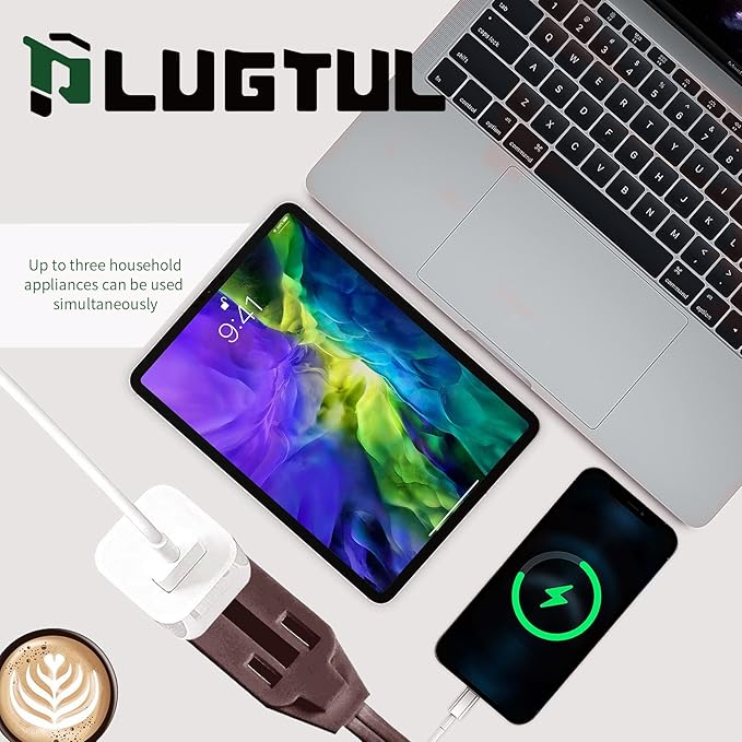 PLUGTUL Indoor Brown Extension Cord 12 Feet, 3-Outlet Household Extension Cord, 2 Prong, 16 Gauge, 3 Polarized Outlets with Safety Cap Protect for Home Office, 16/2 SPT-2 ETL Listed…