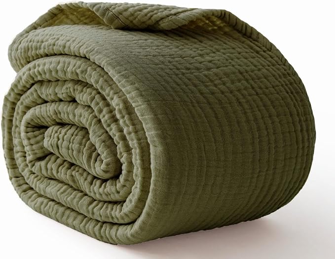 100% Cotton Muslin Blanket Queen 90" x 90", Breathable and Lightweight Cotton Throw Blanket for Bed, Soft Cooling Summer Gauze Blanket for Adults All Season, Olive Green