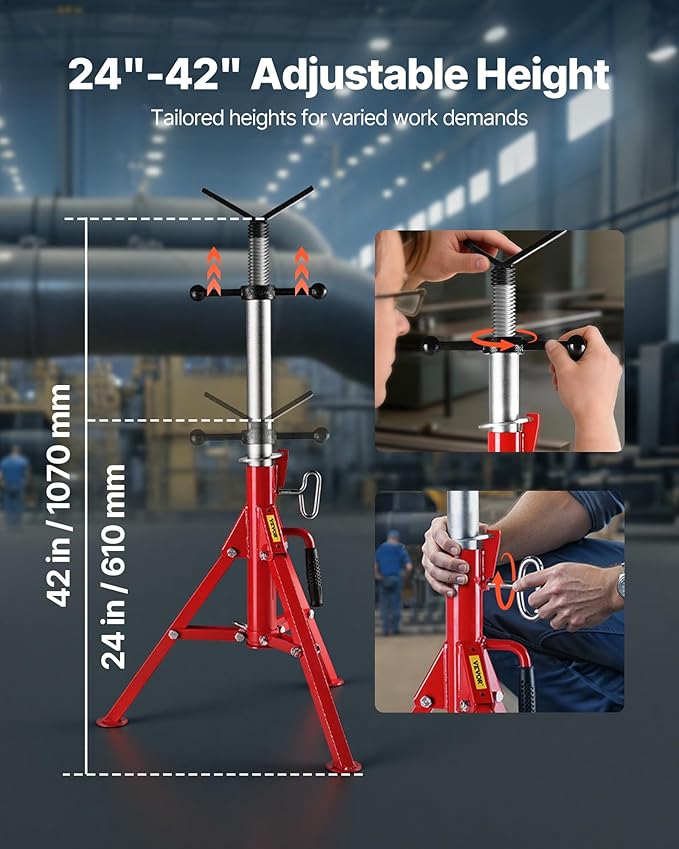 VEVOR V-Head Pipe Stand, 1/8"-12" Capacity, 24"-42" Height Adjustable, Pipe Jack Stands 2500 lbs Load Capacity, Portable Folding Pipe Stands, Durable Carbon Steel Frame